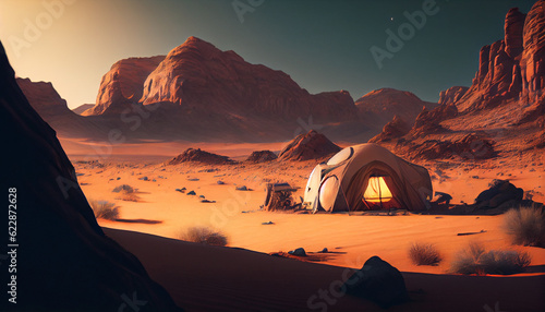 Camping tent high in the mountains at sunset. banner with copy space Ai generated image