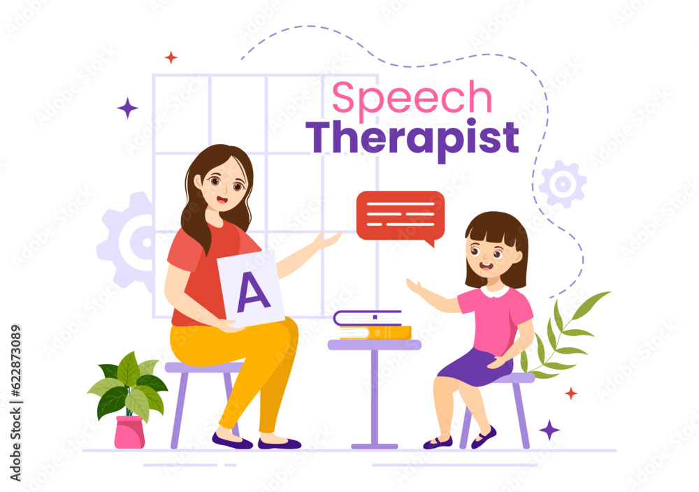 Speech Therapist Vector Illustration with Child Training Basic Language Skills and Articulation Problem in Flat Cartoon Hand Drawn Templates