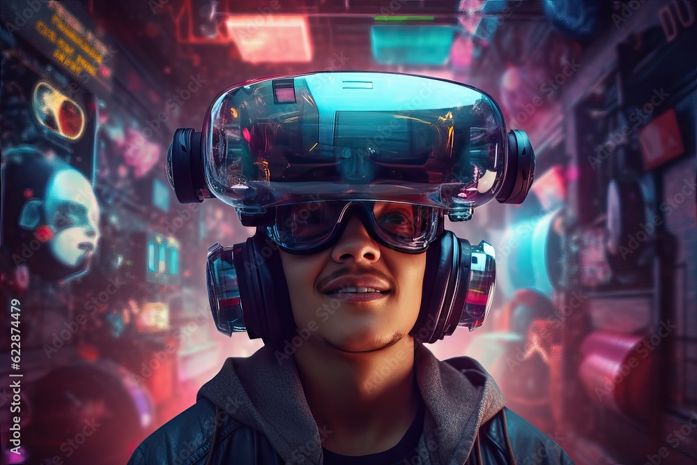 Young man wearing virtual reality glasses. A world of bright colors and events. Total digitalization of society and people's dependence on gadgets. Escape from the real world. Young man wearing virtual reality glasses. A world of bright colors and events. Total digitalization of society and people's dependence on gadgets. Escape from the real world.