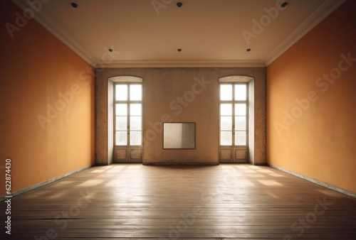 Empty Beige Brown Orange Room Natural Light Windows Wod Floors Rustic Aged Old