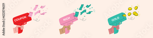 Money machine gun shoots discount coupons, cash, gold coins, cannon for parties and fun. Hand drawn vector illustration. Isolated elements.   