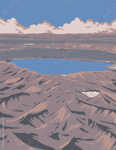 WPA poster art of Askja Caldera situated within Vatnajokull National Park in a remote part of the central highlands of Iceland done in works project administration or Art Deco style. photo