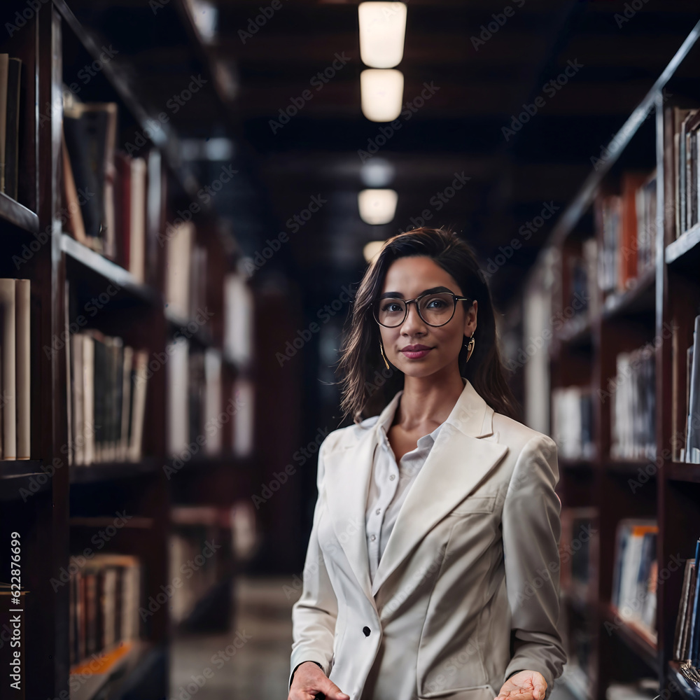 lovely beautiful woman with library in background, generative AI