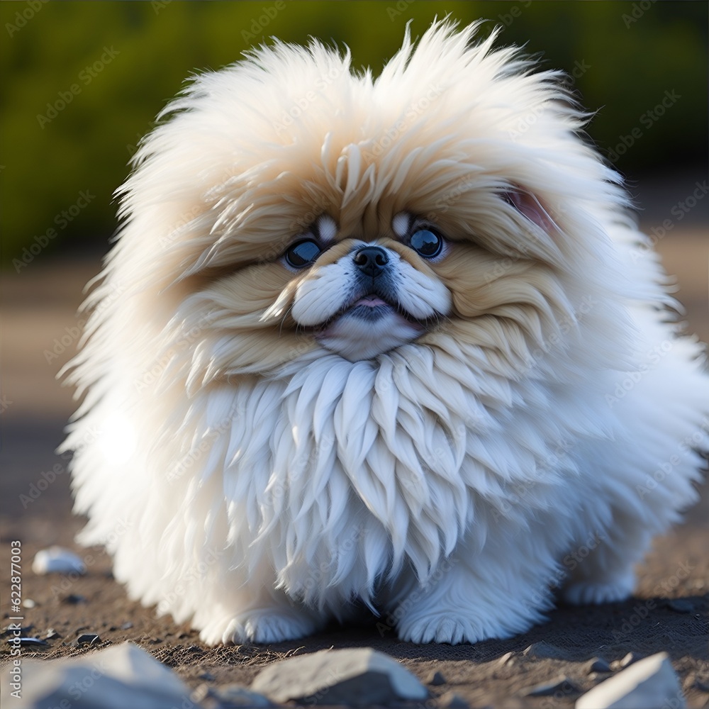 Puppy dog Very cute fluffy cool. Pet. Yellow and white fur. Strolling in the green grass. Generative AI Puppy dog Very cute fluffy cool. Pet. Yellow and white fur. Strolling in the green grass. Generative AI