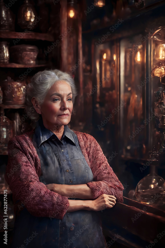 beautiful old lady woman in old store, generative AI