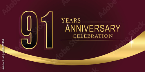 91th Year anniversary celebration background. Golden lettering and a gold ribbon on dark background,vector design for celebration, invitation card, and greeting card. photo