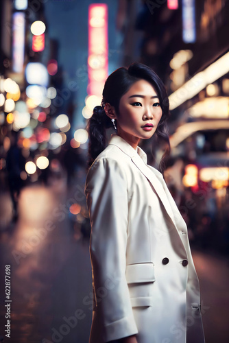 beautiful young asian woman with city street night in background, generative AI © Flash
