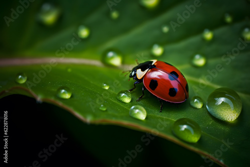 Closeup of ladybug on leaf, Generative AI