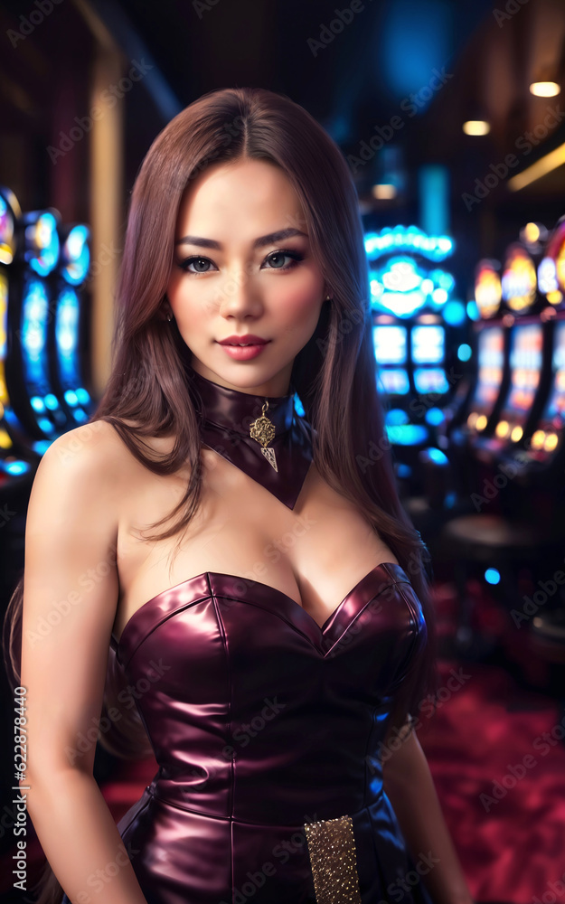 beautiful asian woman with luxury dress in grand casino gambling, generative AI
