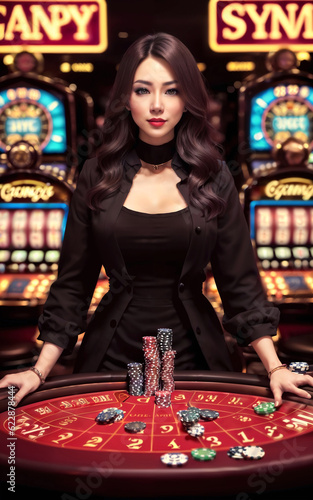 beautiful asian woman with luxury dress in grand casino gambling, generative AI