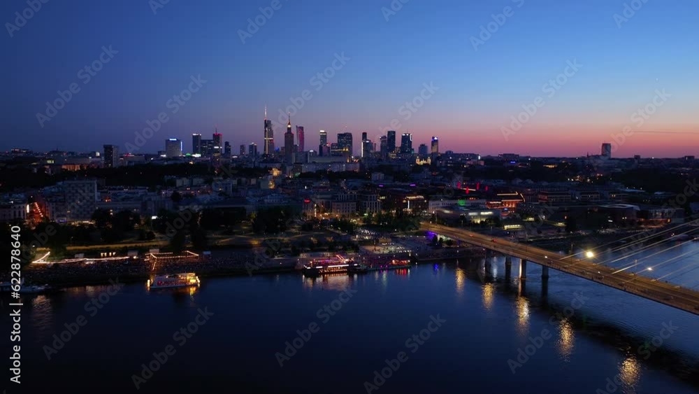 Aerial view of Warsaw Poland, at night. Warsaw business center at night: skyscrapers and Palace of Science and Culture. Drone footage of warsaw center at night. Aerial view of Warsaw Poland, at night. Warsaw business center at night: skyscrapers and Palace of Science and Culture. Drone footage of warsaw center at night.