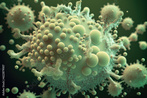 A bacterial colony with irregular edges and a rough surface, resembling a cluster of small spheres, and displaying a pale green color, generative AI