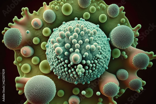 A bacterial colony with irregular edges and a rough surface, resembling a cluster of small spheres, and displaying a pale green color, generative AI