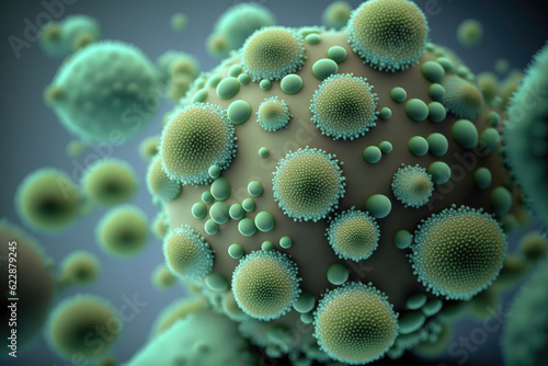 A bacterial colony with irregular edges and a rough surface, resembling a cluster of small spheres, and displaying a pale green color, generative AI