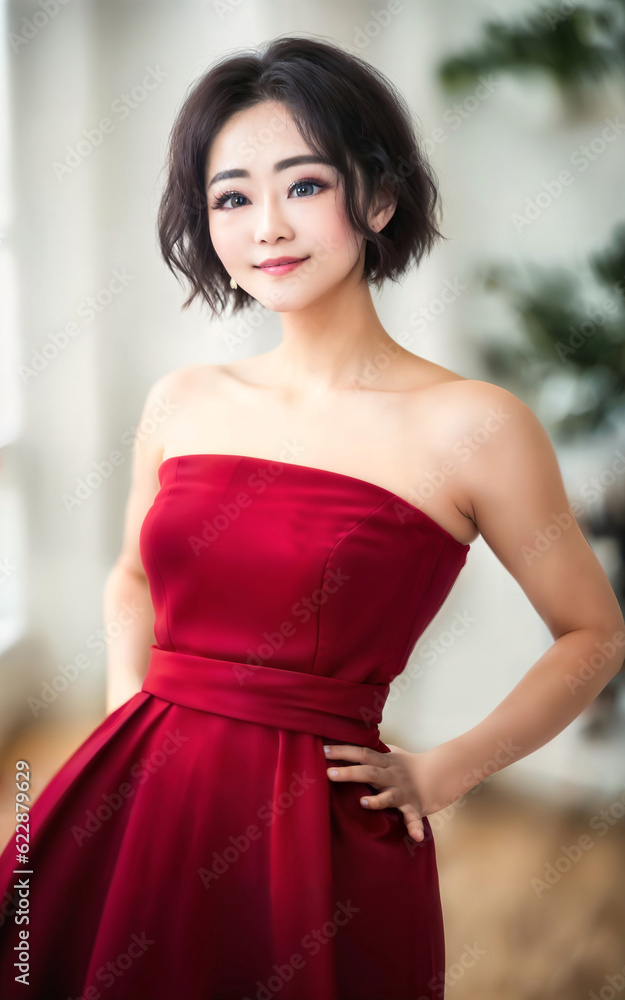 Fototapeta premium happy pretty middle aged old asian woman at the street, generative AI