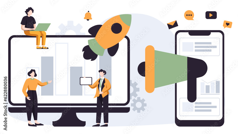 Naklejka premium Flat illustration design social media strategy concept digital marketing startup business. Vector illustration for business company in white background.