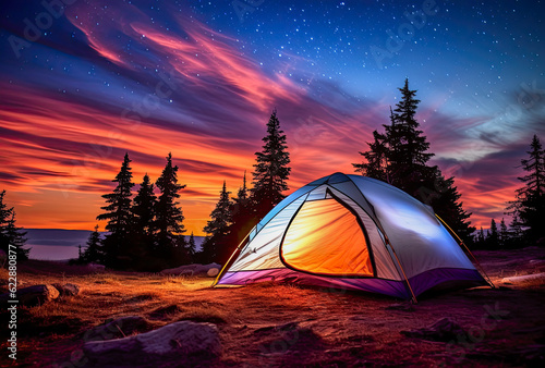 Illustration of a brightly colored illuminated tent in the mountains with great views of a lake. Camping is a great way to get closer to nature and enjoy a summer vacation.