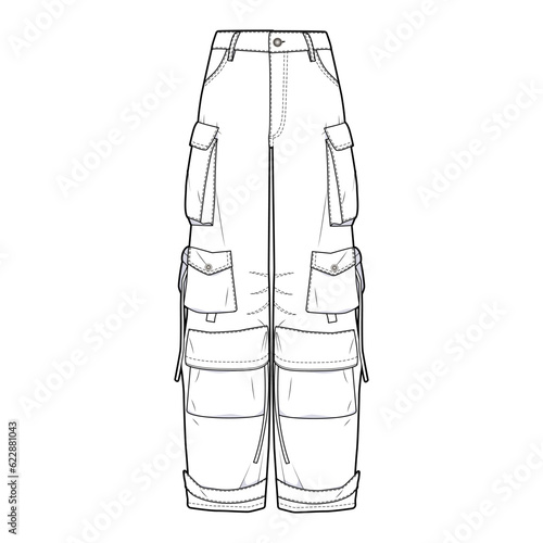 Nylon wide long pants front view fashion flat sketch for Tech Pack. Trousers street style Multi-pocket, CAD drawing, black and white, vector graphics for garment production apparel brand, womenswear