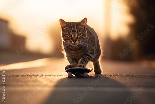 skateboarder cat rides a skateboard in summer on the road at sunset. Generative AI illustration