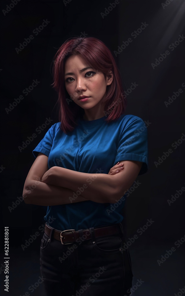 portrait photo of beautiful middle aged asian woman in dark room with light in background, generative AI portrait photo of beautiful middle aged asian woman in dark room with light in background, generative AI
