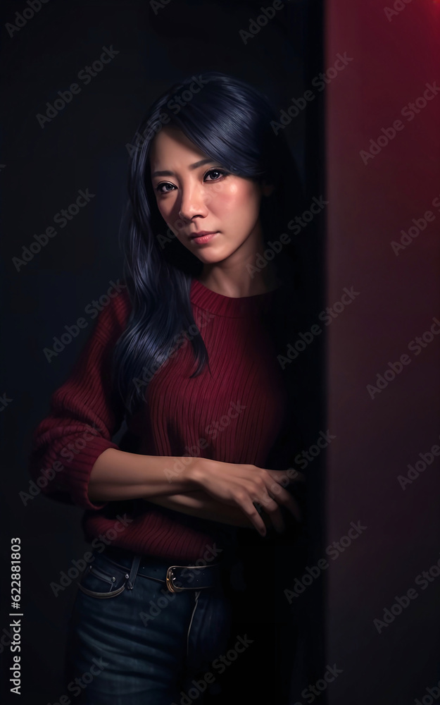 portrait photo of beautiful middle aged asian woman in dark room with light in background, generative AI portrait photo of beautiful middle aged asian woman in dark room with light in background, generative AI