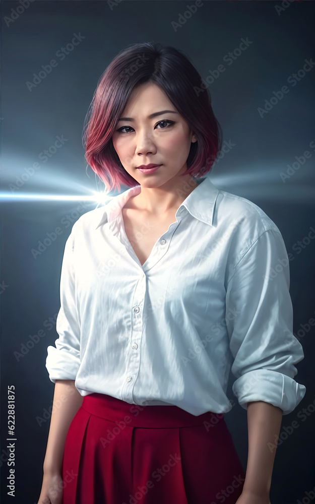 portrait photo of beautiful middle aged asian woman in dark room with light in background, generative AI portrait photo of beautiful middle aged asian woman in dark room with light in background, generative AI