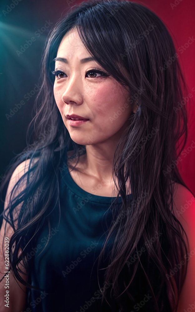portrait photo of beautiful middle aged asian woman in dark room with light in background, generative AI portrait photo of beautiful middle aged asian woman in dark room with light in background, generative AI