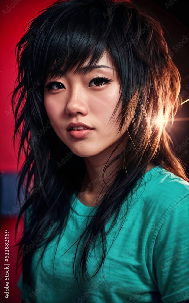 portrait photo of beautiful teenage asian woman with trending hairstyle in dark room with light in background, generative AI portrait photo of beautiful teenage asian woman with trending hairstyle in dark room with light in background, generative AI