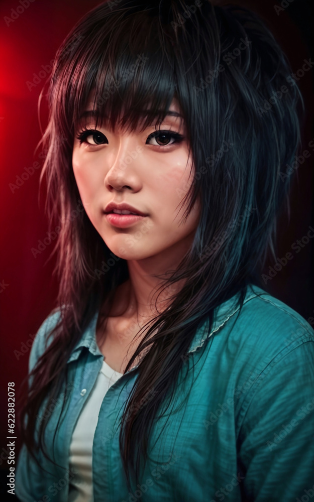 portrait photo of beautiful teenage asian woman with trending hairstyle in dark room with light in background, generative AI