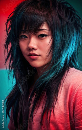 portrait photo of beautiful teenage asian woman with trending hairstyle in dark room with light in background, generative AI