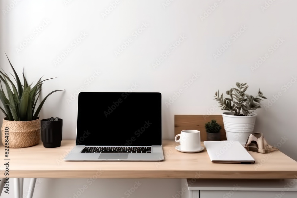 desktop with flower, notebook and office supplies on a colored background.Generative AI desktop with flower, notebook and office supplies on a colored background.Generative AI
