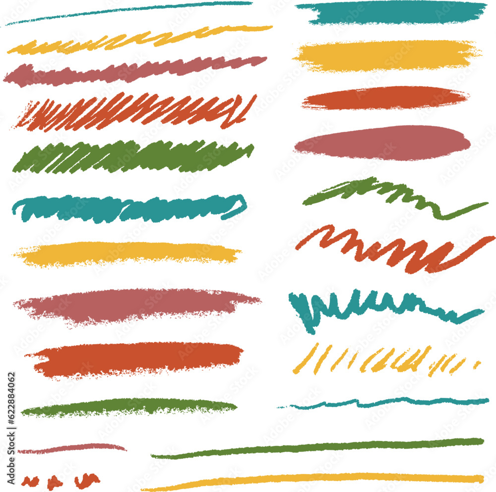 Scribbles set. Hand drawn colorful pencil curly lines. Marker drawing squiggles, strokes vector collection. Paint brush sketches. Scrawl textured freehand isolated elements