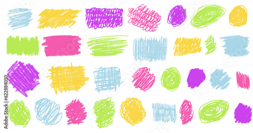 Scribbles set. Hand drawn colorful pencil curly lines. Marker drawing squiggles, strokes vector collection. Paint brush sketches. Scrawl textured freehand isolated elements