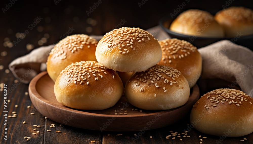 Freshly baked whole wheat burger on rustic table generated by AI Freshly baked whole wheat burger on rustic table generated by AI