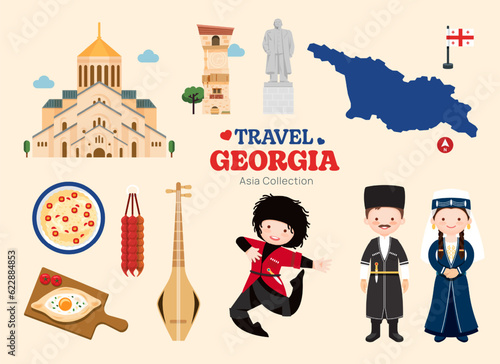 Travel georgia flat icons set. georgian element icon map and landmarks symbols and objects collection. Vector Illustration