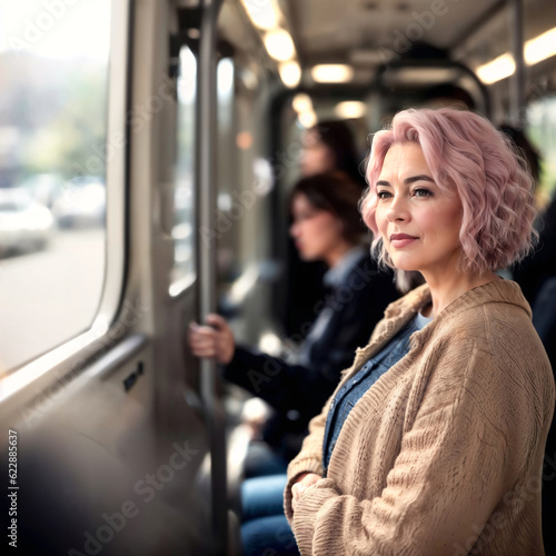 beautiful woman standing inside public bus transport, generative AI © Flash