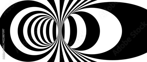 Abstract hypnotic distorted lines background. Black and white optical illusion tunnel wallpaper. Psychedelic twisted stripes pattern. Horizontal template for posters, banners, covers. Vector op art