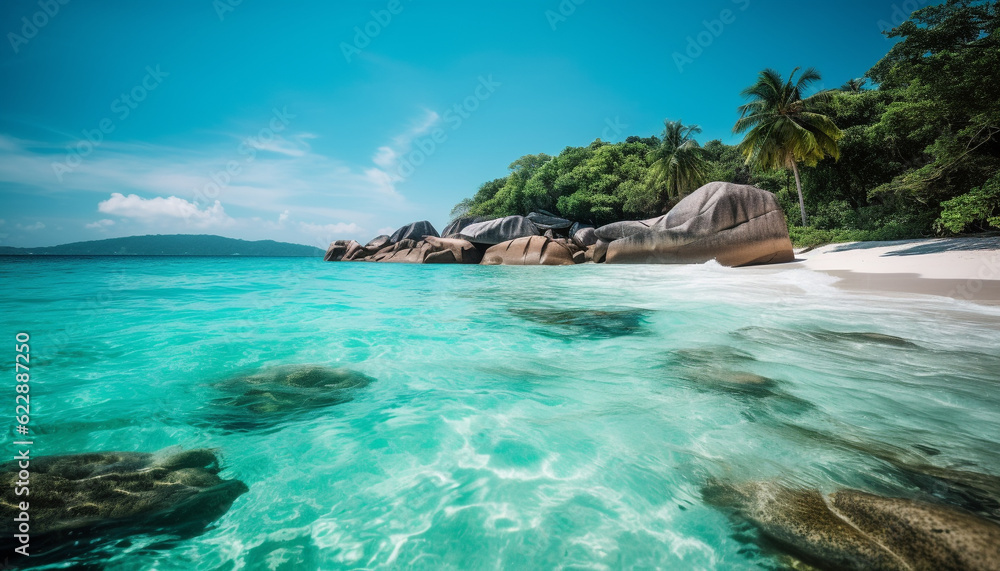 Obraz premium A tranquil scene of turquoise waters and palm trees generated by AI