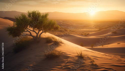 Tranquil sunrise over rippled sand dunes in Africa generated by AI