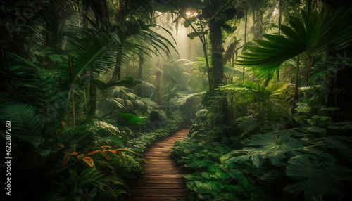 Tranquil scene  Wet footpath winds through forest generated by AI