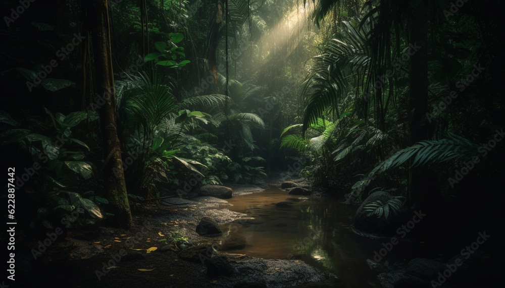 Tranquil scene in tropical rainforest, mystery surrounds generated by AI