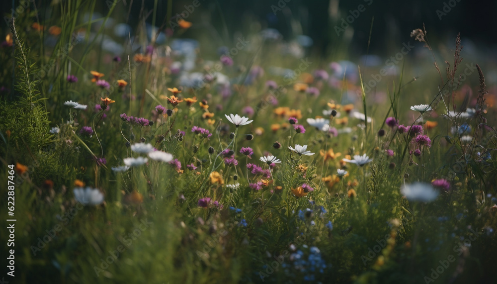 Vibrant daisy blossom in tranquil meadow landscape generated by AI Vibrant daisy blossom in tranquil meadow landscape generated by AI