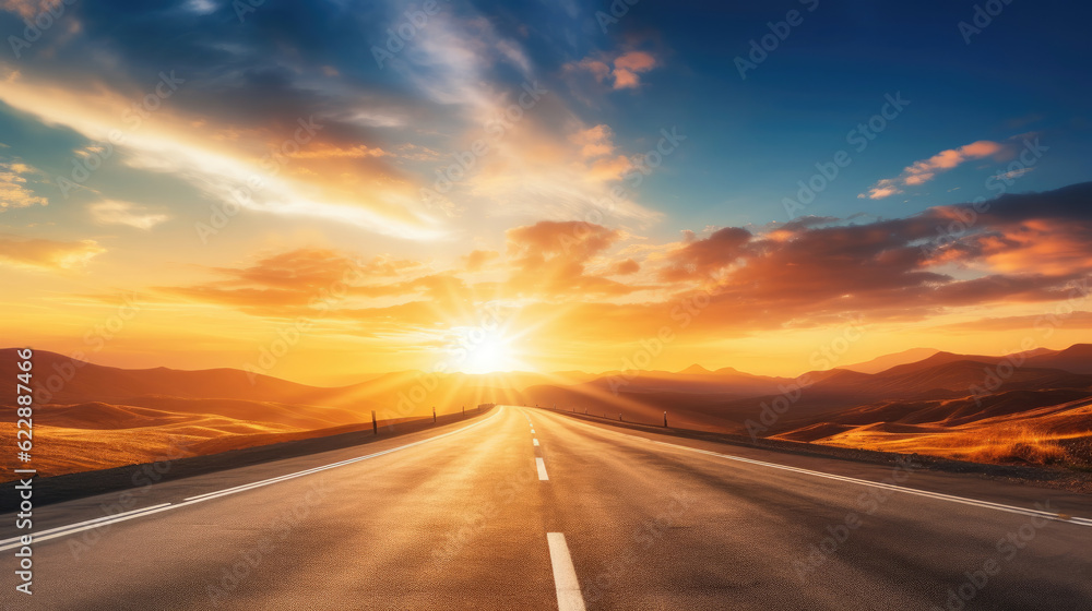 Empty long mountain road to the horizon on a sunny summer day at bright sunset