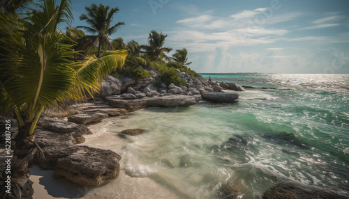 Idyllic palm tree coastline, tranquil waters edge generated by AI
