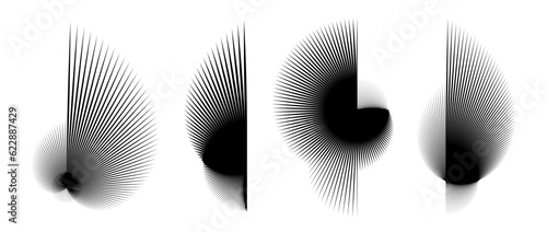Abstract curved spiky elements set. Radial spiral spokes objects collection. Thin thorn semicircle shapes and angular sunburst bundle for posters, collages, decoration. Vector futuristic pack 