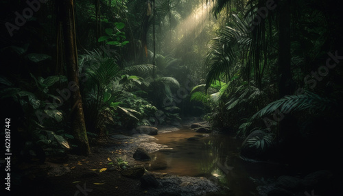Tranquil scene in tropical rainforest, mystery surrounds generated by AI