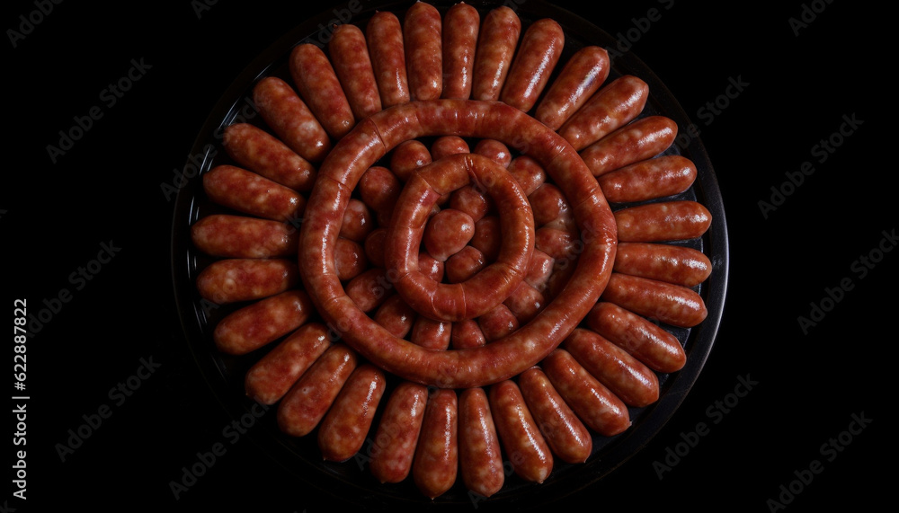 Grilled pork and beef bratwurst plate, gourmet meal generated by AI Grilled pork and beef bratwurst plate, gourmet meal generated by AI
