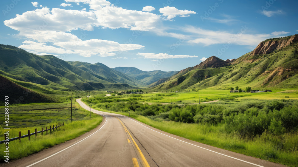 Country road and green mountains in summer Country road and green mountains in summer