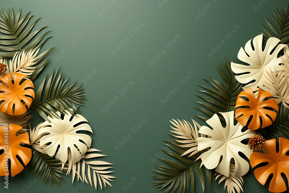 Monstera and areca palm plant in orange, cream, and green colors, with copy space, with green background. Generative AI.
