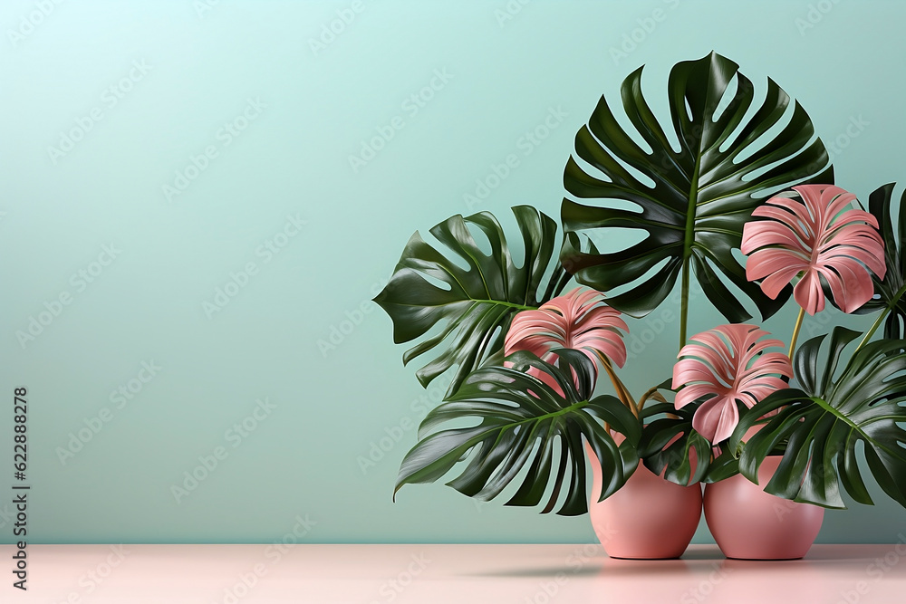 Monstera palm plants in pots with copy space. Generative AI.